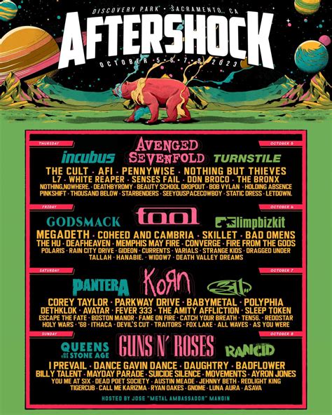 Aftershock 2024 - Oct 5, 2023 · (FOX40.COM) — As the 2023 Aftershock Festival gets underway, organizers announced the dates on social media for the 2024 event. Next year’s edition of Aftershock will return to Discovery Park… 